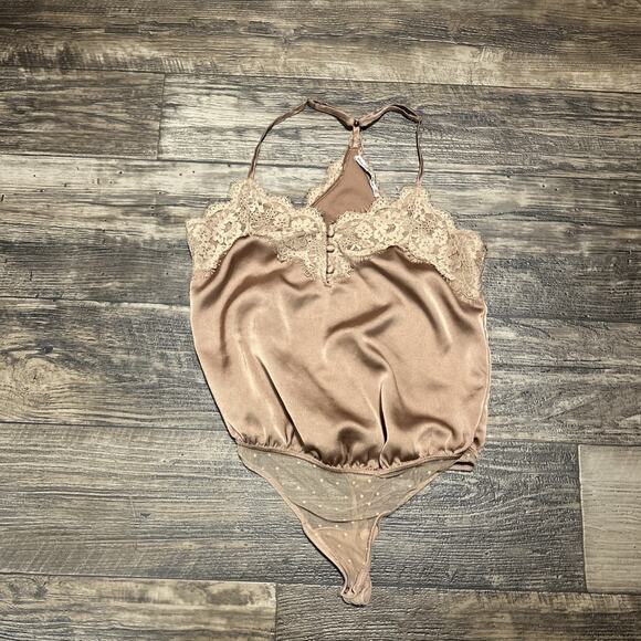 Abercrombie Fitch Camisole Bodysuit XS Satin Eyelash Lace Sexy Capsule Brown - Picture 1 of 8